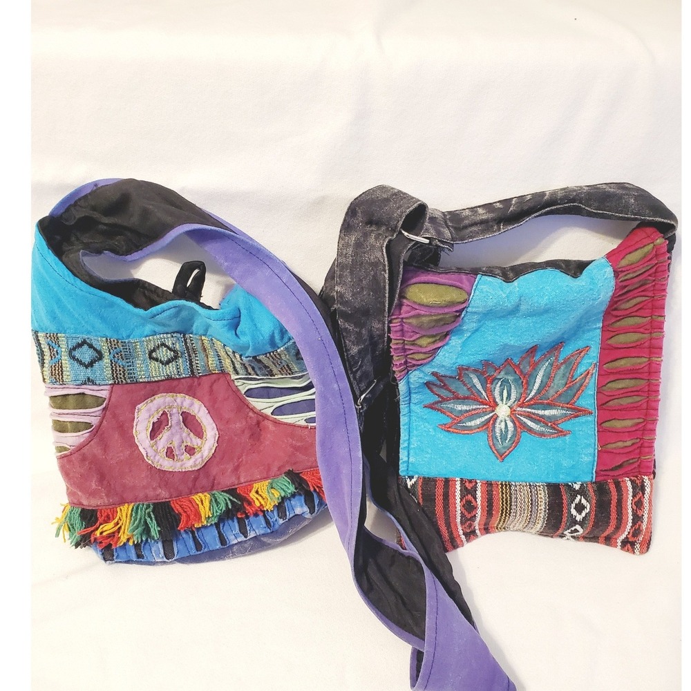 Set of 2 Kids Boho Patchwork Crossbody Bags Peace Sign Lotus Flower Hippie Bag